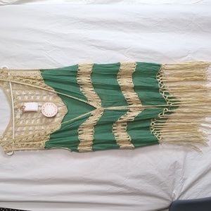 Umgee | Open Front Long Crochet Fringed Vest Green Natural | L